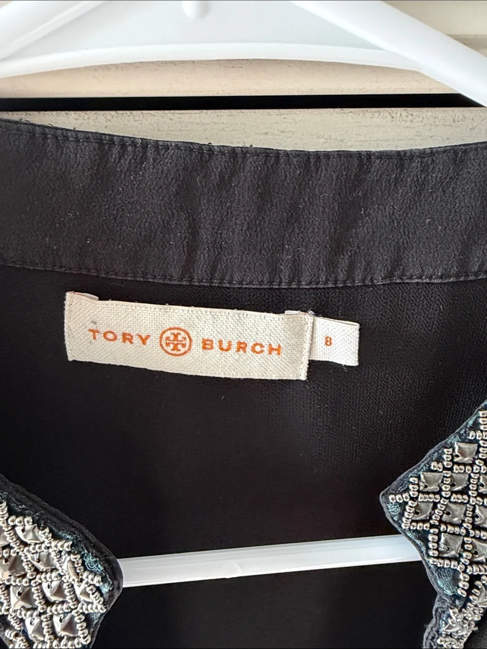 Tory Burch Black Blouse with Silver-Patterned Trim